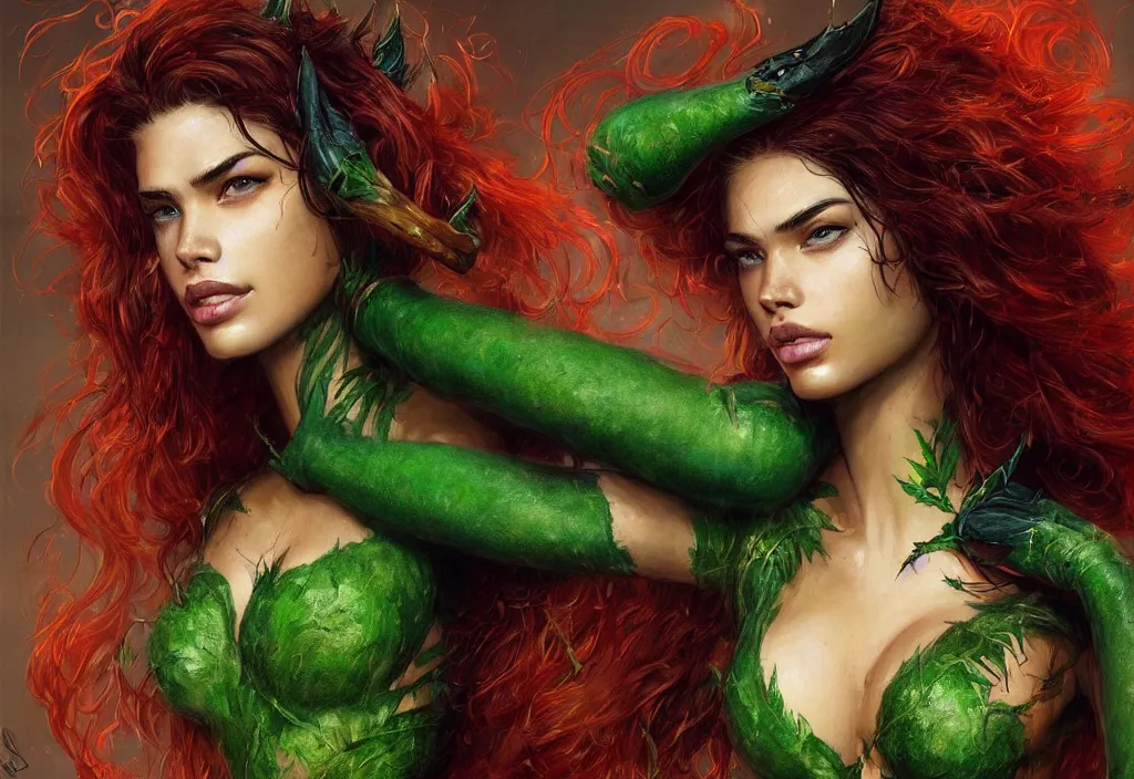 Prompt: A beautiful portrait of Sara Sampaio as Poison Ivy from Batman movie, digital art by Eugene de Blaas and Ross Tran, vibrant color scheme, highly detailed, in the style of romanticism, cinematic, artstation, Greg rutkowski