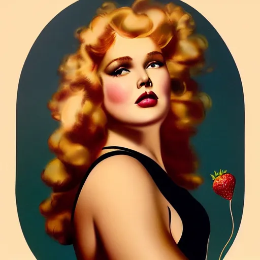 Prompt: a curvy, radiant, bubbly, 2 5 - year - old canadian plus - size model, long strawberry - blond hair, creamy skin, portrait, illustration by rolf armstrong