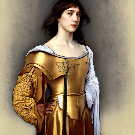 Image similar to portrait of charlotte gainsbourg as joan of arc, hyperreal digital painting, iconography influenced by alphonse mucha and eugene delacroix, arstation and deviantart trends, high resolution 8 k