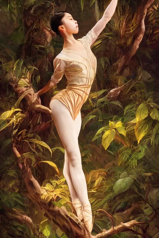 Image similar to stunningly beautiful, asian prima ballerina in jungle, symmetrical face, golden hour, smooth, focus, highly detailed, hyper realistic, dramatic lighting, elegant, intricate, concept art, art by wlop, mars ravelo, greg rutowski