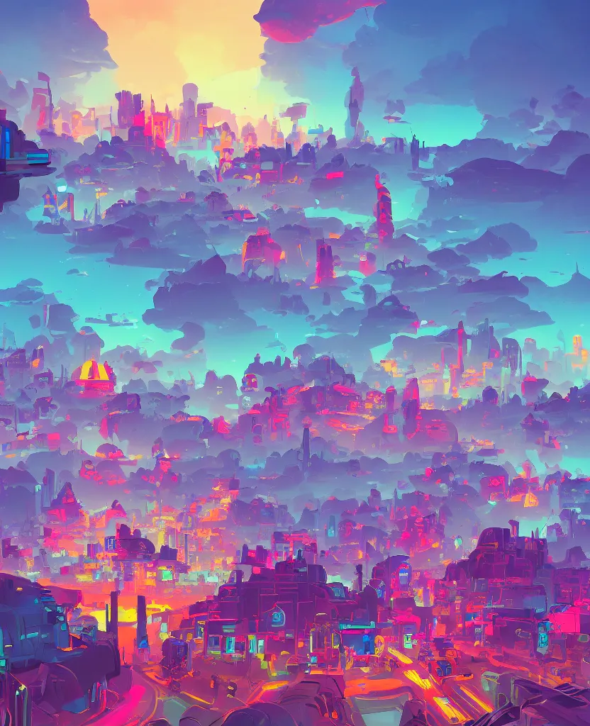 Image similar to detailed concept art of a DMT city in a fantastic landscape against a colorful sky by Anton Fadeev and Simon Stålenhag