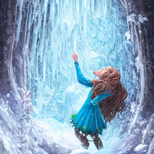 Image similar to dan mumford paint, a fantasy elf woman trapped and frozen trying to get out of a block of clear ice, with frozen flowers around her, treding artstation, greg rutkowski