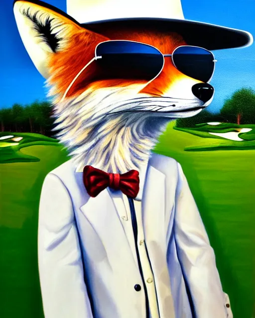 Prompt: oil painting portrait of anthropomorphic fox animal wearing a white suit, white cowboy hat, and reflective sunglasses, smoking cigar, fox animal, golf course in background, reflective aviator sunglasses, oil painting,