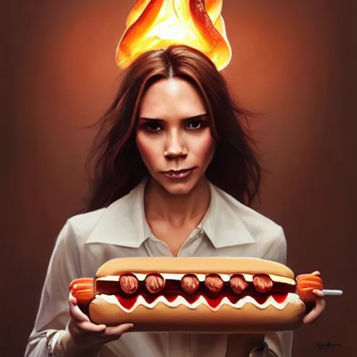 Image similar to Victoria Beckham eating Hot Dogs, dripping BBQ Sauce, serving big macs, D&D, spilling ketchup, fantasy, intricate, elegant, highly detailed, digital painting, artstation, concept art, matte, sharp focus, illustration, hearthstone, art by Artgerm and Greg Rutkowski and Alphonse Mucha