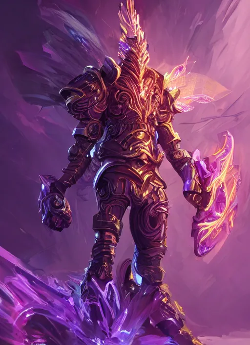 Image similar to a highly detailed illustration of futuristic cyber knight with flowing flaming plume with arm blades, rigid bulky armor, glowing purple line cracks in armor, dramatic standing pose, intricate, elegant, highly detailed, centered, digital painting, artstation, concept art, smooth, sharp focus, league of legends concept art, WLOP