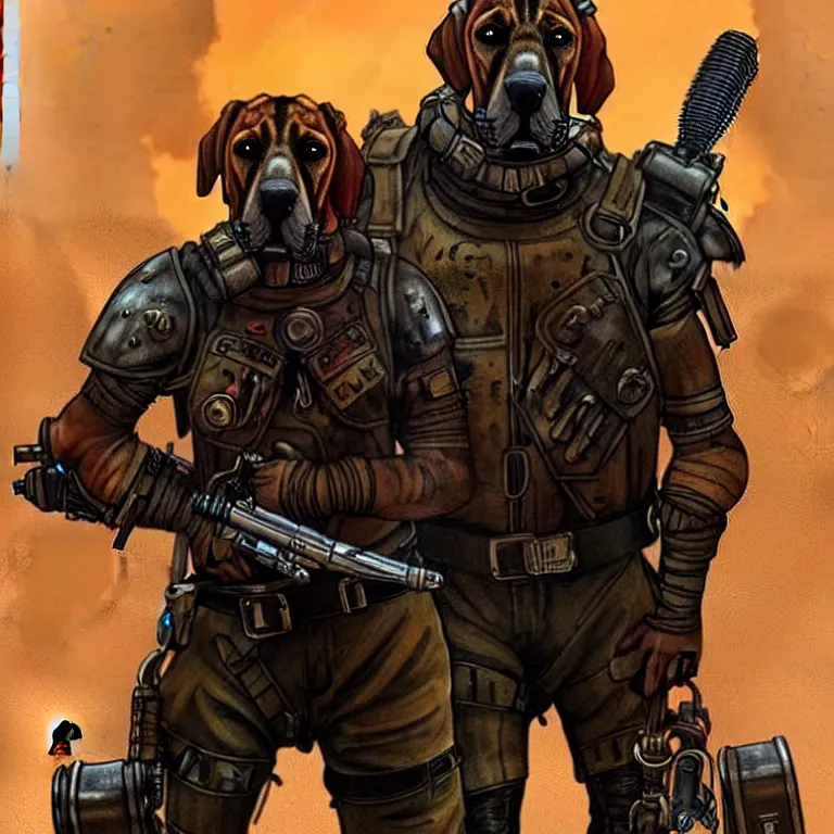 Image similar to a good ol'bloodhound pup fursona ( from the furry fandom ), heavily armed and armored facing down armageddon in a dark and gritty version from the makers of mad max : fury road. witness me.