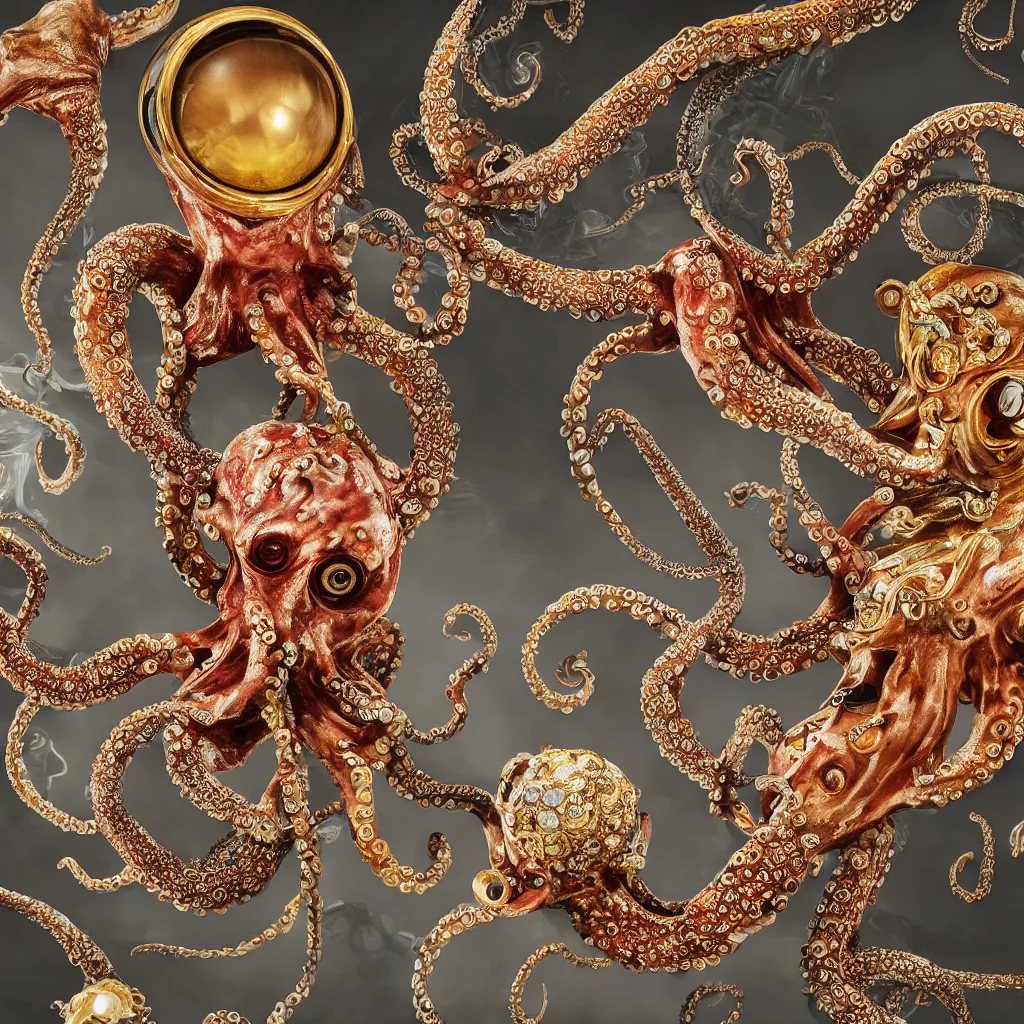 Prompt: a high-resolution color-chrome extreme closeup portrait photo of a octopus fighting a incredible elegant pale renaissance rococo Queen, with ornate jewelled, rococo Queen, sci-fi, high-tech, beautiful low light, style Steve McCurry Octane render 8k