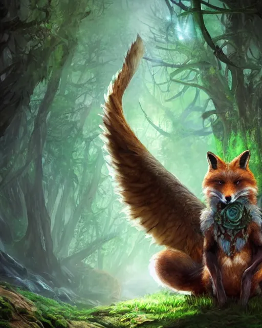 Image similar to Fox, Anthropomorphized, playing harp in magical green forest, magic the gathering artwork, D&D, fantasy, cinematic lighting, centered, symmetrical, highly detailed, digital painting, artstation, concept art, smooth, sharp focus, illustration, volumetric lighting, epic Composition, 8k, art by Akihiko Yoshida and Greg Rutkowski and Craig Mullins, heroic pose, oil painting, cgsociety