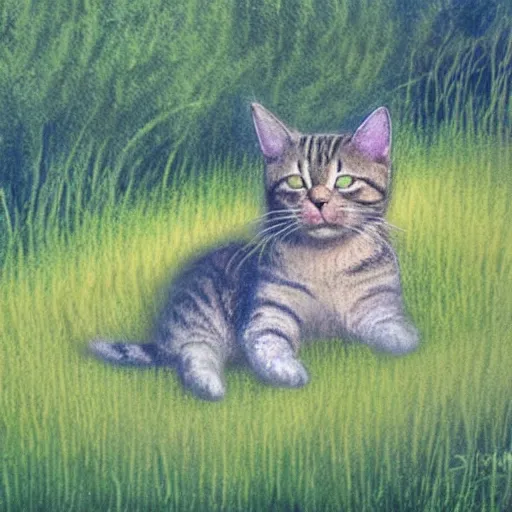 Prompt: tabby cat sleeping in a field of grass and dandelions, pastel colours, detailed