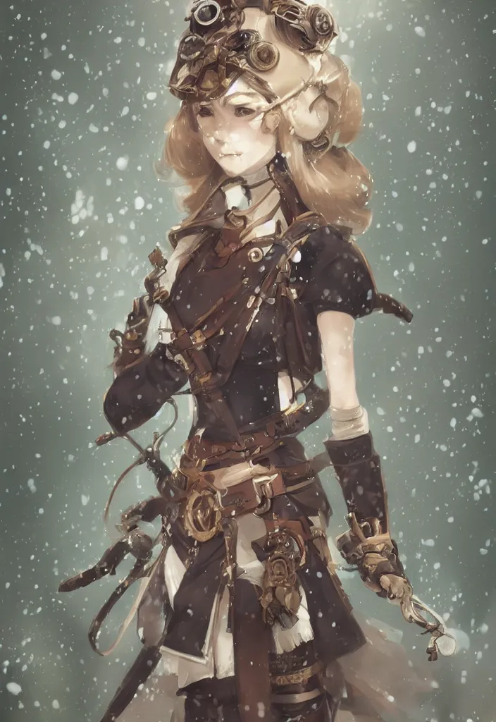 Image similar to portrait of steampunk girl samurai with double swords combat pose in snow forest trending on artstation krenz cushart