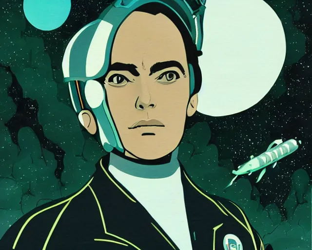 Image similar to a headshot head shot portrait of Alain Delon pilot in spacesuit posing on field forrest spaceship station landing laying lake artillery outer worlds shadows in FANTASTIC PLANET La planète sauvage animation by René Laloux