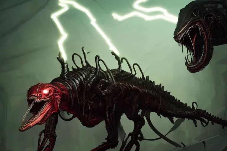 Prompt: a detailed tarot card of a futuristic sith cyborg velociraptor xenomorph and demogorgon hybrid, dual wielding lightsabers, neon outline, mouth open in a terrifying roar, 8 k, artstation, art by greg rutkowski, pixiv