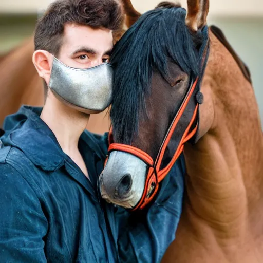 Image similar to man wearing horse head mask on shoulder of man