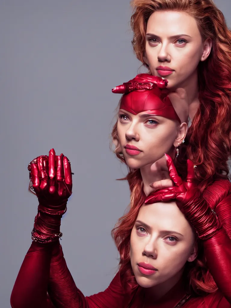 Prompt: scarlett johansson as the scarlet witch, studio lighting, photographic portrait, sigma 8 5 mm lens