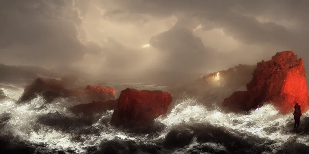 Image similar to “ a roman in a red tunic crawls from the ocean onto a rocky beach ” “ wreckage of a trireme in ocean ” “ stormy seas, lightning, fog, waves ” dark fantasy, cinematic, very detailed, mist, volumetric lighting, golden ratio, vivid, trending on artstation, 4 k matte painting,