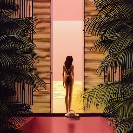 Prompt: indoor liminal space, golden light, peter tarka, palm trees, pink door, minimalistic, hyperrealistic surrealism, award winning masterpiece with incredible details, epic stunning, infinity pool mirrors, a surreal vaporwave liminal space with mirrors, highly detailed, trending on artstation, artgerm and greg rutkowski and alphonse mucha, daily deviation