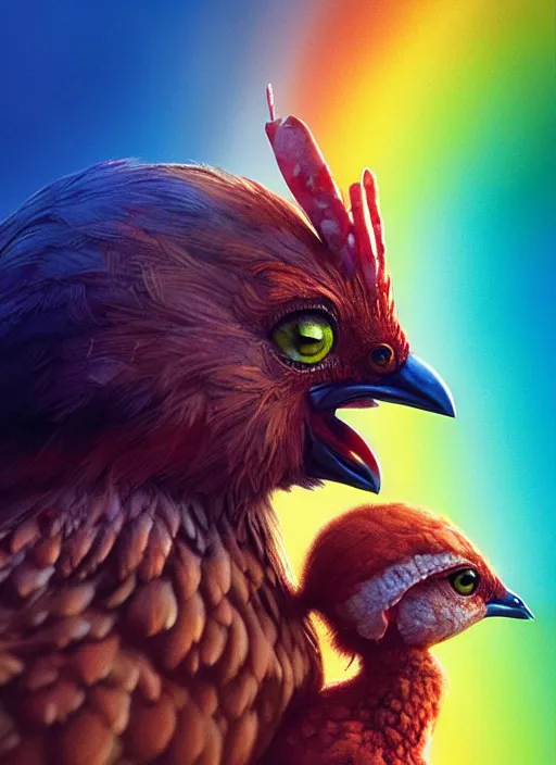 Image similar to a hen and her two chicks on a rainbow movie by nuri iyem, james gurney, james jean, greg rutkowski, anato finnstark. pixar. hyper detailed, 5 0 mm, award winning photography, perfect faces