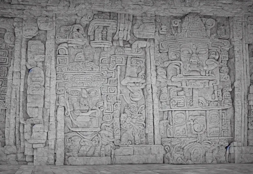 Prompt: a mayan temple interior with symmetric recogniseable giant face portrait of a mayan god-emperor in the center Carved in stone relief style behind an ancient altair of sacrafice. 3d render. Realistic. Well Detailed. Torch light. Omnious, intricate.