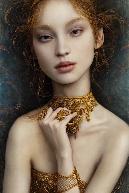 Image similar to portrait of a beautiful 20-year-old woman by Mario Testino, in style of Ruan Jia, insanely detailed and intricate, golden ratio, elegant, ornate, luxury, elite, matte painting, cinematic, cgsociety, James jean, Brian froud, ross tran, Laputa