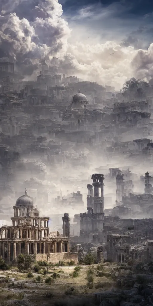 Image similar to epic view of an ancient Byzantine city surrounded by clouds, Giant imposing tower, full of strange statues and murals, full of smoke and dust, hyper real, Indiana Jones, Tomb Raider, trending on artstation, concept art, photorealistic, cinematic, city