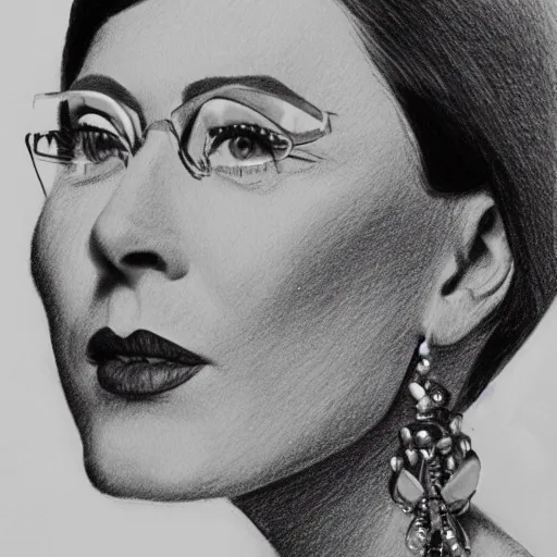 Image similar to pencil illustration of Edith head highly detailed, cinematic,