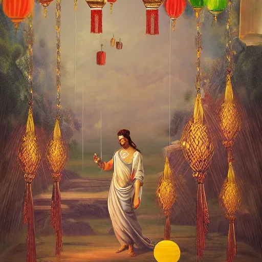 Image similar to painting of a god of wind enjoying his heavenly palace, decorated with windchimes and paper lanterns, stunning nature in background, cinematic