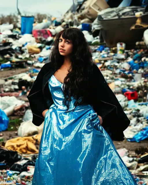 Prompt: a beautiful photo of a Young female with long hair and reflective eyes, Queen of trash wearing a gown made black and blue plastic trash bags and plastic bottles , surrounded by trash all around and in the background, top cinematic lighting , cinematic mood, very detailed, shot in canon 50mm f/1.2