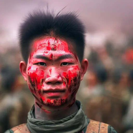 Prompt: a ultra high resolution close - up of a beautiful young tai warlord standing in crowd of battlefield, looking down at the camera. his face is partially obscured by red hand print, and he has a smiling expression. the light is dim, and the colours are muted. kodak etkar 1 0 0