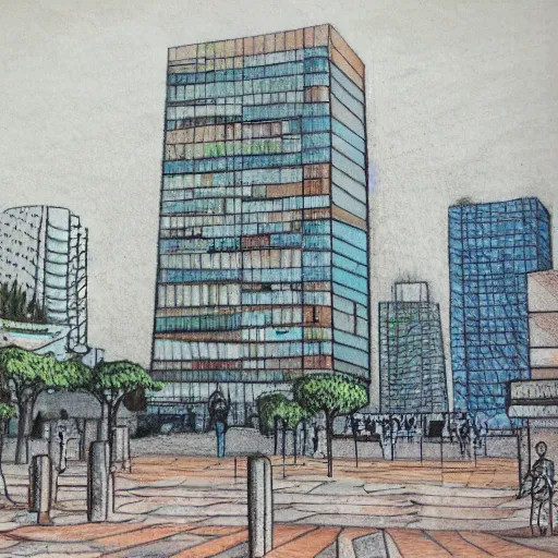 Image similar to drawing of a square in tel aviv with bauhaus buildings. art. colored. highly detailed. pen drawing water colors.