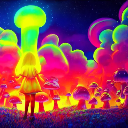 Prompt: Little girl wandering among many giant glowing mushroom clouds, Neon colors, psychedelic art, trippy, 4k, HQ, Trending on Artstation