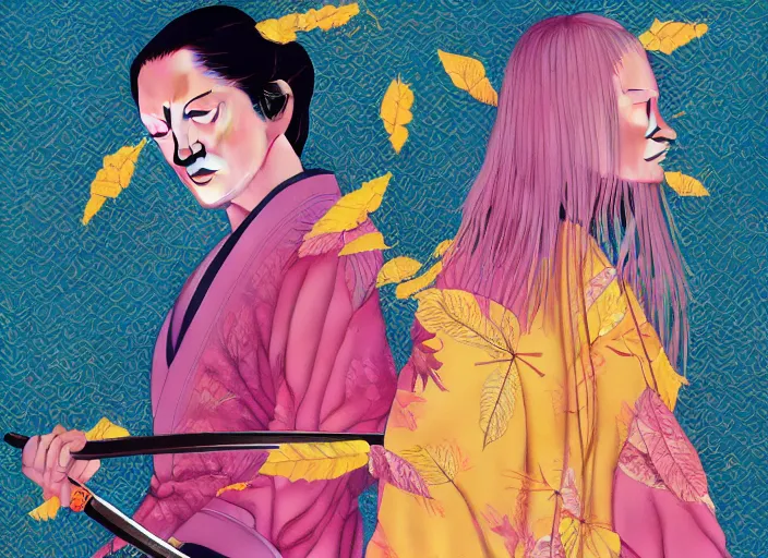 Prompt: breathtaking detailed pattern pastel colors, action scene from kill bill, with uma thurman ( kill bill ) in yellow kimono, with hatori hanzo katana sword and autumn leaves, by hsiao - ron cheng, bizarre compositions, exquisite detail, enhanced eye detail