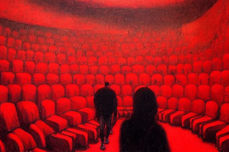 Image similar to only with red, crowd screaming, an exposed picture in a roman theater, in the style of beksinski, parts by edward hopper, parts by rodcenko, parts by yue minjun, intricate and epic composition, red by caravaggio, insanely quality, highly detailed, masterpiece, red light, artstation, 4 k