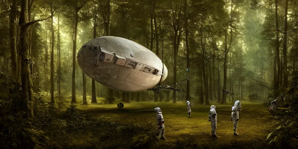 Image similar to an astronaut and a space ship in a forest, a detailed matte painting by frieke janssens, featured on cgsociety, space art, matte painting, matte drawing