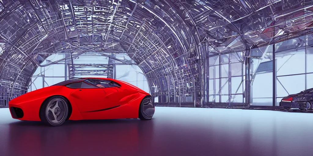 Image similar to kama russian electrocar, inside futuristic hangar, red car, sharp focus, ultra realistic, ultra high pixel detail, cinematic, intricate, cinematic light, unreal engine 8 k