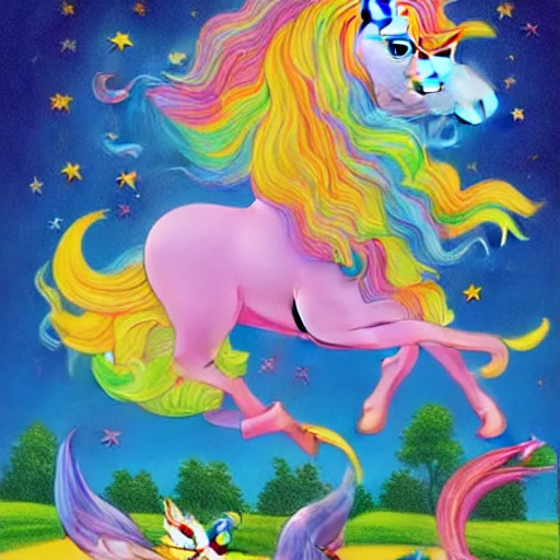 Prompt: a painting of a lawyer riding an unicorn, a storybook illustration by Lisa Frank, featured on behance, magical realism, irridescent, storybook