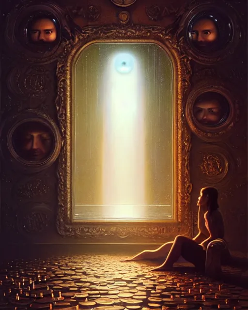 Prompt: a hyper - detailed 3 d render like a oil painting of seeing your true self in a magic mirror, surrealism!!!!! surreal concept art, lifelike, photorealistic, digital painting, aesthetic, smooth, sharp focus, artstation hd, by greg rutkowski, bruce pennington, valentina remenar and asher duran,