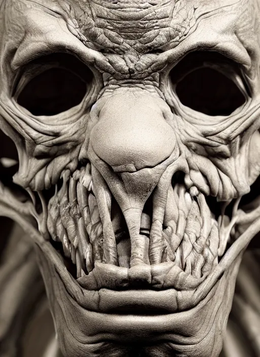 Image similar to monster anatomy face, closeup, dom qwek, john howe, anatomical, highly detailed sculpture, intricate detailed, ommatidia, 8 k, cinematic atmosphere, post - processing