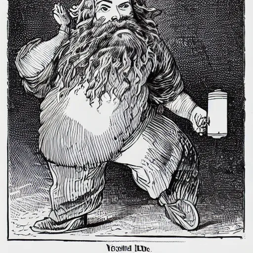 Image similar to dwarf with beard, holding a bomb, dnd, high detail, fantasy, in the style of vintage antique illustration and line drawing or engraving
