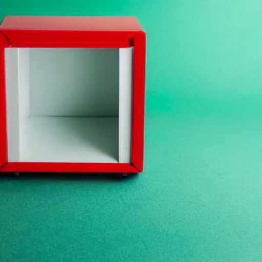 Image similar to red box on a blue box under a green box on a white background, studio