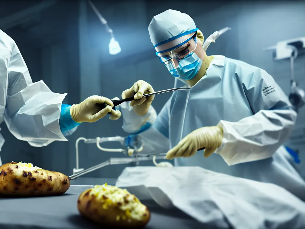 Image similar to surgeon operating on a baked potato, science fiction industrial hard science concept art, 8K render octane high definition cgsociety, photorealistic, unreal engine