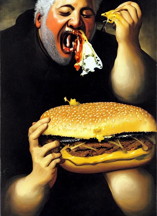 Image similar to painting by franciso goya of guy fieri eating a greasy juicy burger dripping with cheese in the style of 'saturn devouring his son' wide eyes, piercing scary, wide mouth, thick brush strokes, dark, disturbing, hd, visible texture