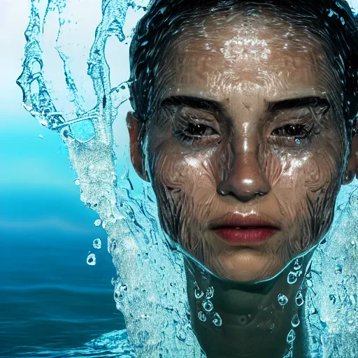 Prompt: water artwork manipulation in the shape of a human head, on the ocean water, ray tracing, realistic water sharp focus, long shot, 8 k resolution, cinematic, amazing water art, photoshop