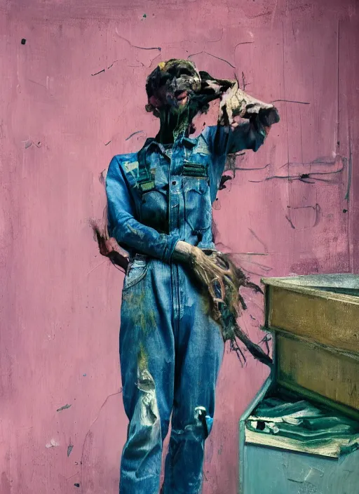 Prompt: an insane, skinny, artist wearing torn overalls, expressive emotions, painting inside a grand messy studio, depth of field, hauntingly surreal, highly detailed oil painting, by francis bacon, edward hopper, adrian ghenie, glenn brown, soft light 4 k in pink, green and blue colour palette, cinematic composition, cinematic lighting, high quality octane render, masterpiece