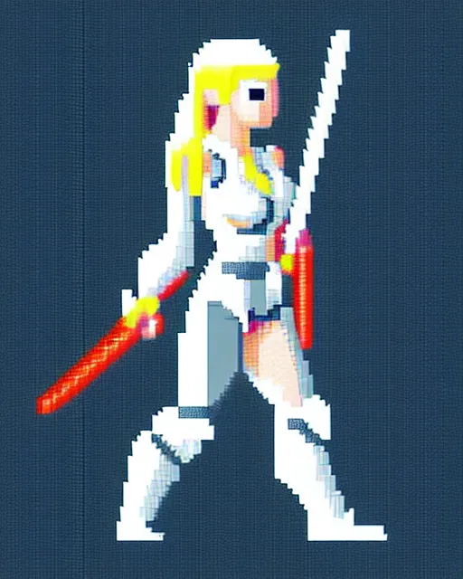 Image similar to a pixel single sprite of a girl holding a sword, in white futuristic armor, pixel art, isometric, 3 2 x 3 2, 2 d game art, 1 6 bit, dynamic pose, # pixelart