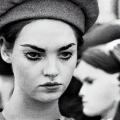 Image similar to still from a masterpiece 1 9 6 0 s french art film, very beautiful and elegant girl in beret with large eyebrows sits in the far background with an angry expression, moody lighting, viewed from afar, cinematic shot, the camera is focused on a crowd of people