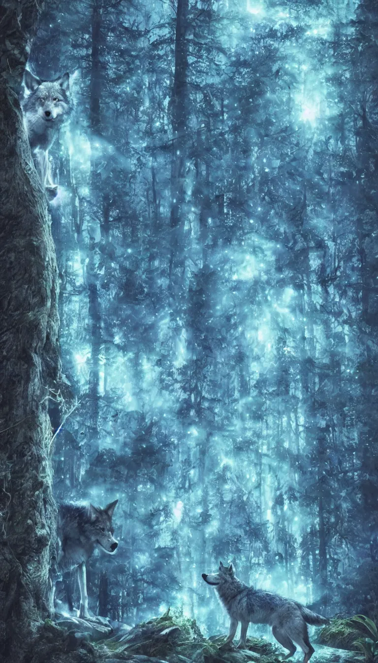 Prompt: humanoid wolf in an enchanted forest with a blue hue and blue fireflie and a waterfall in the distance that magically glows blue, insanely detailed