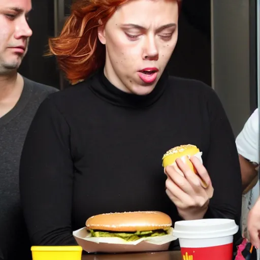 Prompt: fat scarlett johansson crying in mcdonalds eating a burger