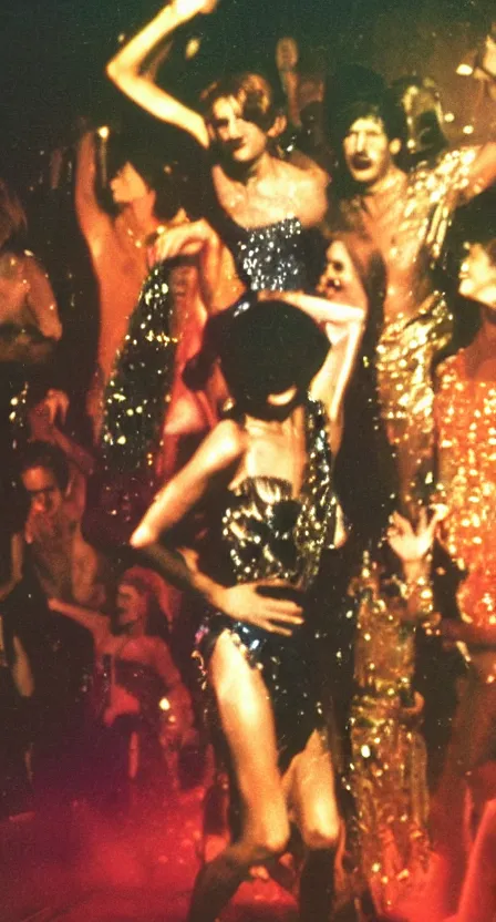 Image similar to the Antichrist dancing at Studio 54, disco, saturated color, ghosts in the background, high contrast, strobe lights, sparkles, depth of field, 1976, bad VHS