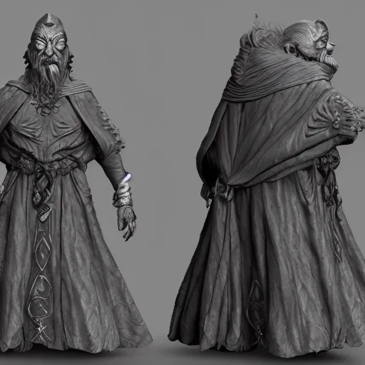 Image similar to An ancient wizard of the Way, zbrush D&D character, hyper-realism, full-character design, cloth sim, weta digial