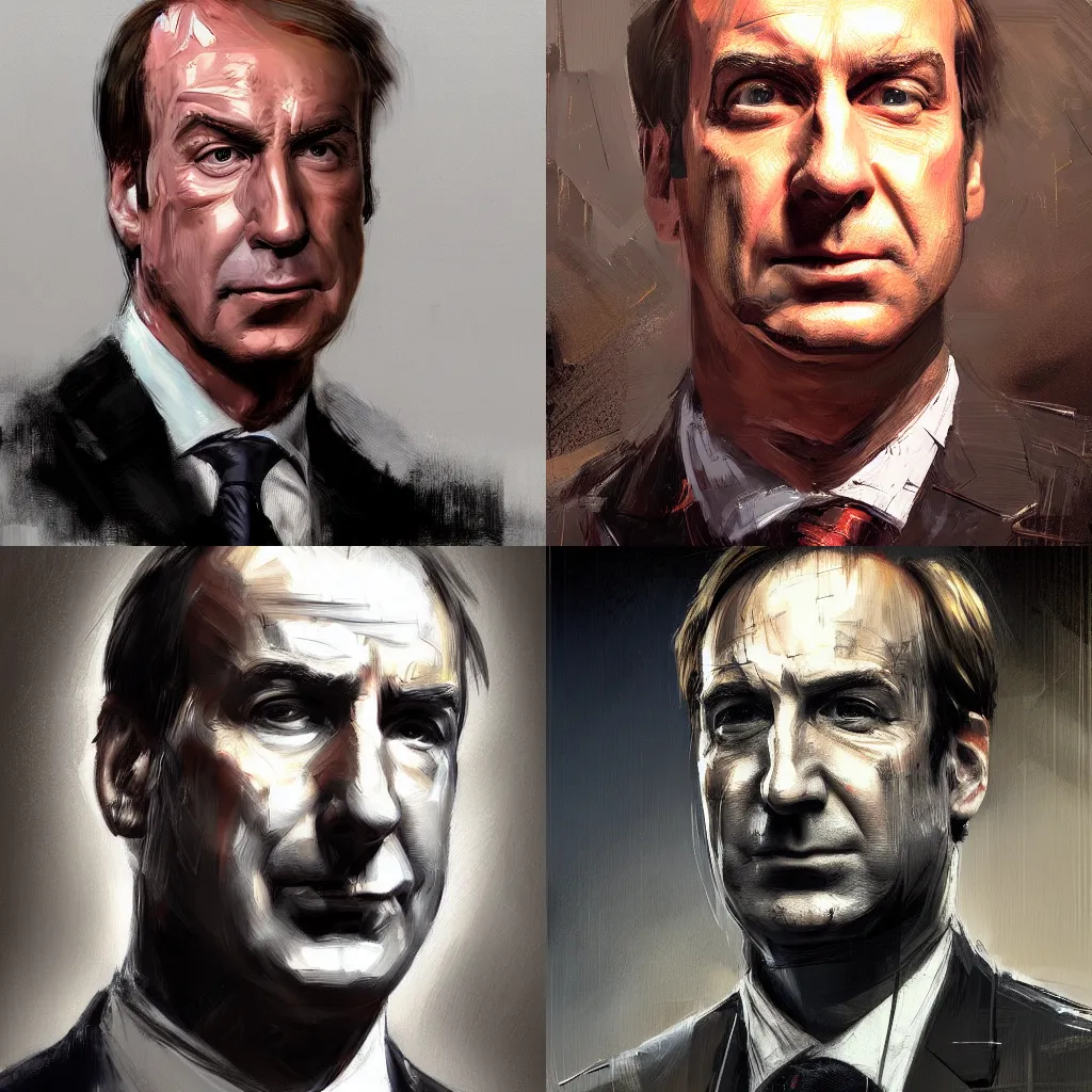 Prompt: A hyperdetailed digital oil portrait painting of Saul Goodman in the style of Guy Denning and Ruan Jia. Trending on ArtStation and DeviantArt. Digital art.